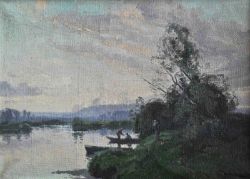 URBAIN Raymond (1895 - 1962 Nancy) "Retour des Pêcheurs", Blick auf den See mit rückkehrenden