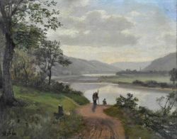 POHLE Hermann (1831 Berlin - 1901 Düsseldorf) "Flusstal", im Vordergrund Weg mit Personenstaffage,