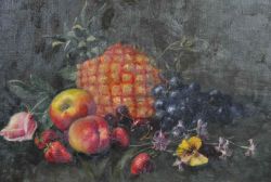 STILLLEBENMALER (19. Jahrhundert) "Früchtestillleben mit Ananas", große Ananas, arrangiert mit