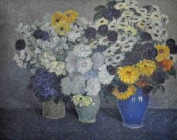 DILL-MALBURG Johanna (1859 Großwardein - 1944 Dachau) "Großes Blumenstilleben", mit drei Vasen, Öl