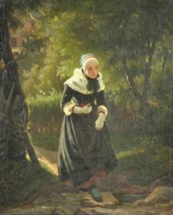 GÜNTHER J. (19. Jahrhundert) "Der Kirchgang", junge Dame mit Kopf- und Schultertuch steigt über
