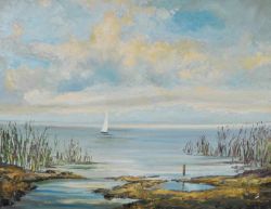 BAUR Paul (20. Jahrhundert) "Segelboot auf dem Bodensee", Boot vor Uferlandschaft mit Schilf,
