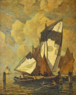 DILL Ludwig (1848 Gernsbach-1940 Karlsruhe) ""Segelboote mit Fischern in einer venezianischen