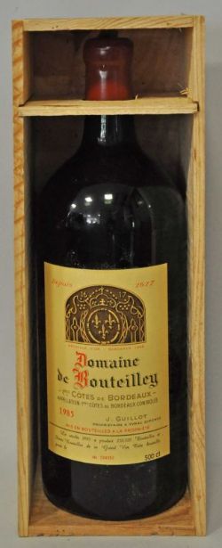 DOMAINE DE BOUTEILLEY 1985, 5l Guillot, Côte de Bordeaux, Füllhöhe unterer Hals, gut erhalten, in