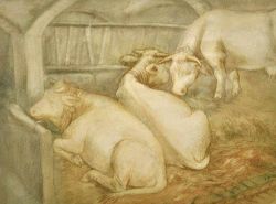 HUBBUCH Karl (1891 - 1979 Karlsruhe) "Im Stall", mit drei Kühen vor der Krippe und Heu im Stall,