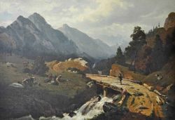 OSTERROHT Gustav (1836 Stendsitz - 1874 Karsruhe) "Berglandschaft", ein reißendes Wasser wird von