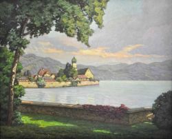 WEICKGENANNT Karl (1896 Kehl - 1976 Karlsruhe) "Wasserburg", am Bodensee, im Hintergrund Berge, Öl