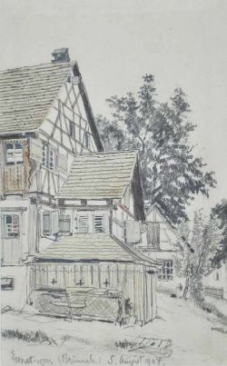 UNBEKANNTER KÜNSTLER (20. Jahrhundert) "Ermatingen", Ansicht auf ein Bauernhaus mit Schuppen,
