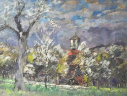 NAGEL Wilhelm (1866 Mannheim - 1945 Baden-Baden) "Dorfansicht", Landschaft mit Bäumen und
