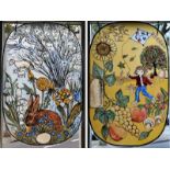 2 GLASMALEREIEN "Herbst" und "Frühling", fein ausgeführte Glasmalerei auf ovalen Platten,