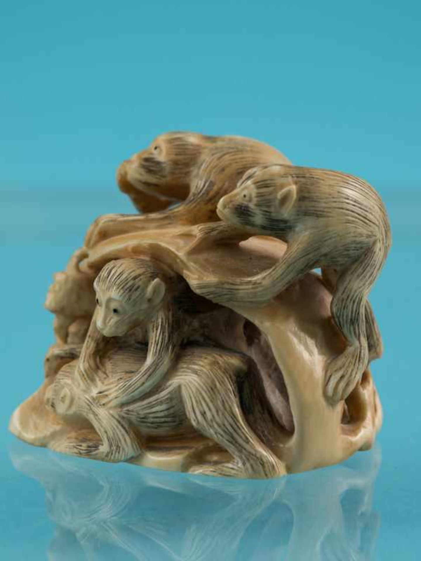 Netsuke, 20. Jh. Elfenbein mit feiner schwarzer Schraffierung. Auf einem naturalistischen Felsen - Bild 5 aus 7