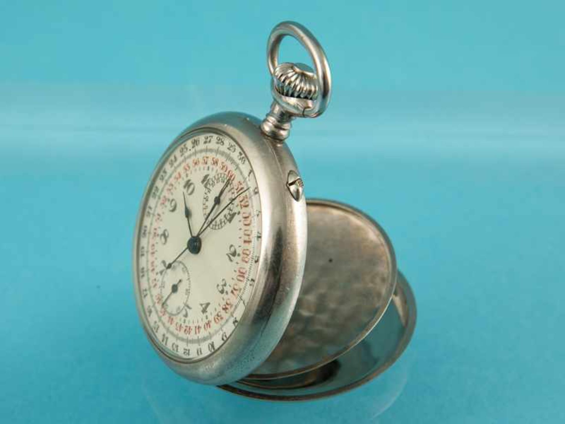 Chronograph mit Stoppfunktion, Anfang 20. Jh. Nickel. Gesamtgewicht ca. 95,9 g. Creméfarbenes - Bild 4 aus 5