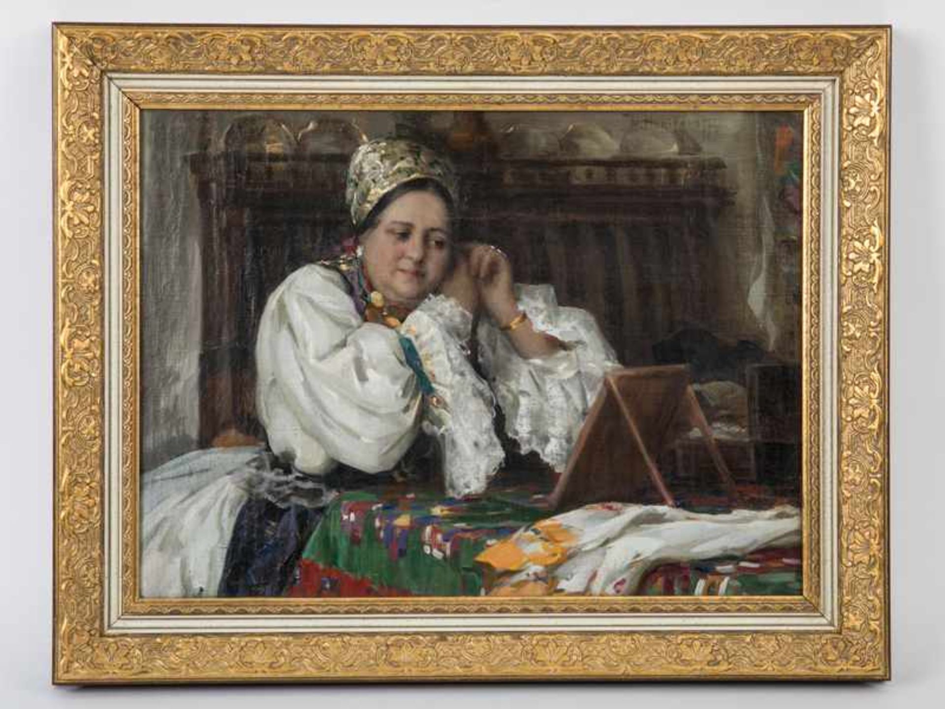 Haritonoff, Nicholas Basil (1880 - 1944) Öl auf Leinwand; Interieur mit sitzender Dame in Tracht