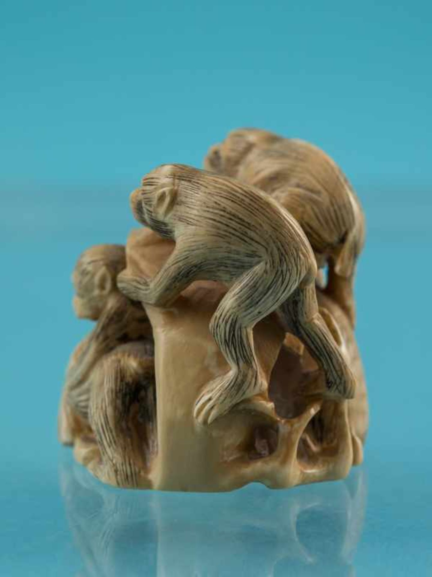 Netsuke, 20. Jh. Elfenbein mit feiner schwarzer Schraffierung. Auf einem naturalistischen Felsen - Bild 3 aus 7