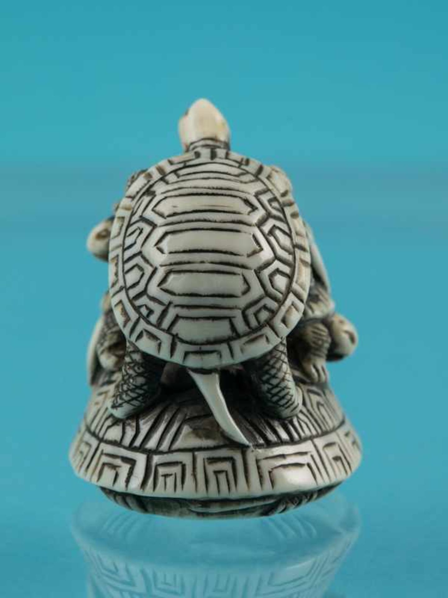 Netsuke, Anfang 20. Jh. Elfenbein mit schwarzen Konturen. Auf dem Rücken eines Schildkrötenpanzer, - Bild 5 aus 8
