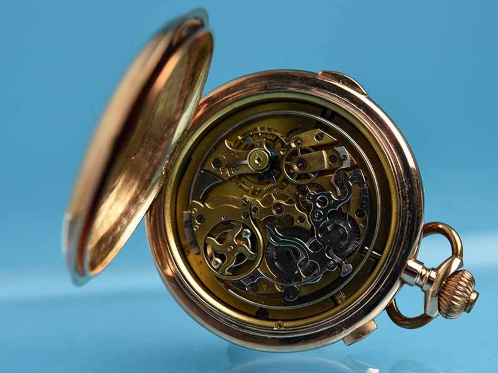 Große Taschenuhr mit Chronograph, Viertelstunden-Repetition und Stopuhrenfunktion, um 1905 585/- - Bild 3 aus 7