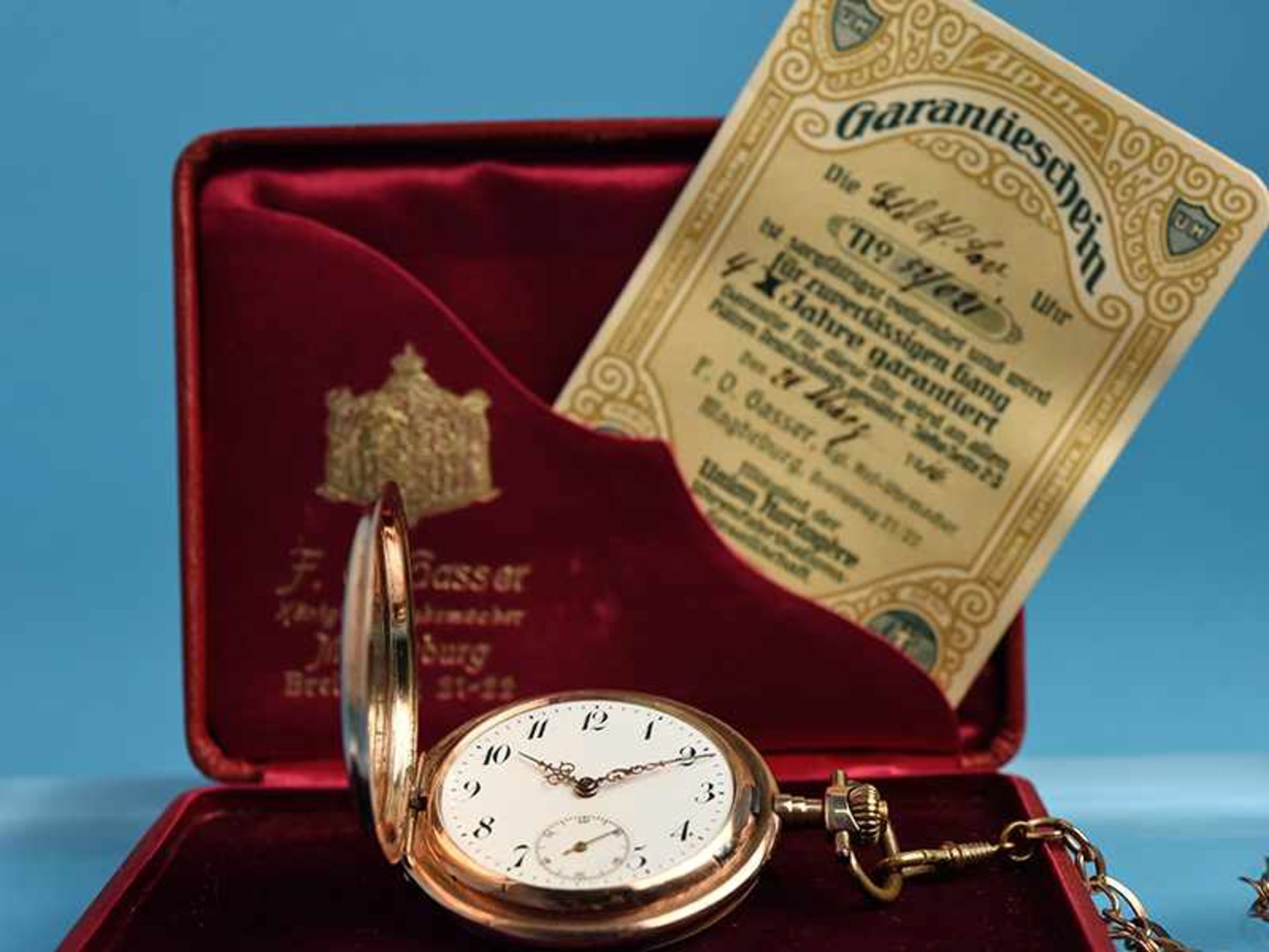 Taschenuhr, Uhrenfabrikation Union Horlogère, von 1916, mit Uhrenkette, um 1900 Savonette. 333/- - Bild 10 aus 10