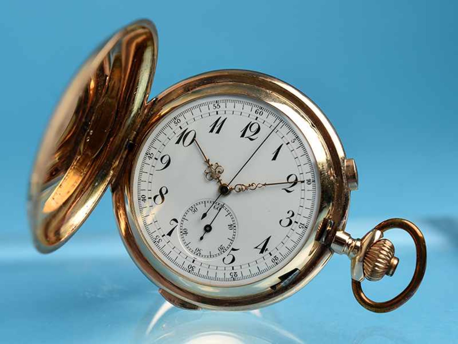 Große Taschenuhr mit Chronograph, Viertelstunden-Repetition und Stopuhrenfunktion, um 1905 585/-