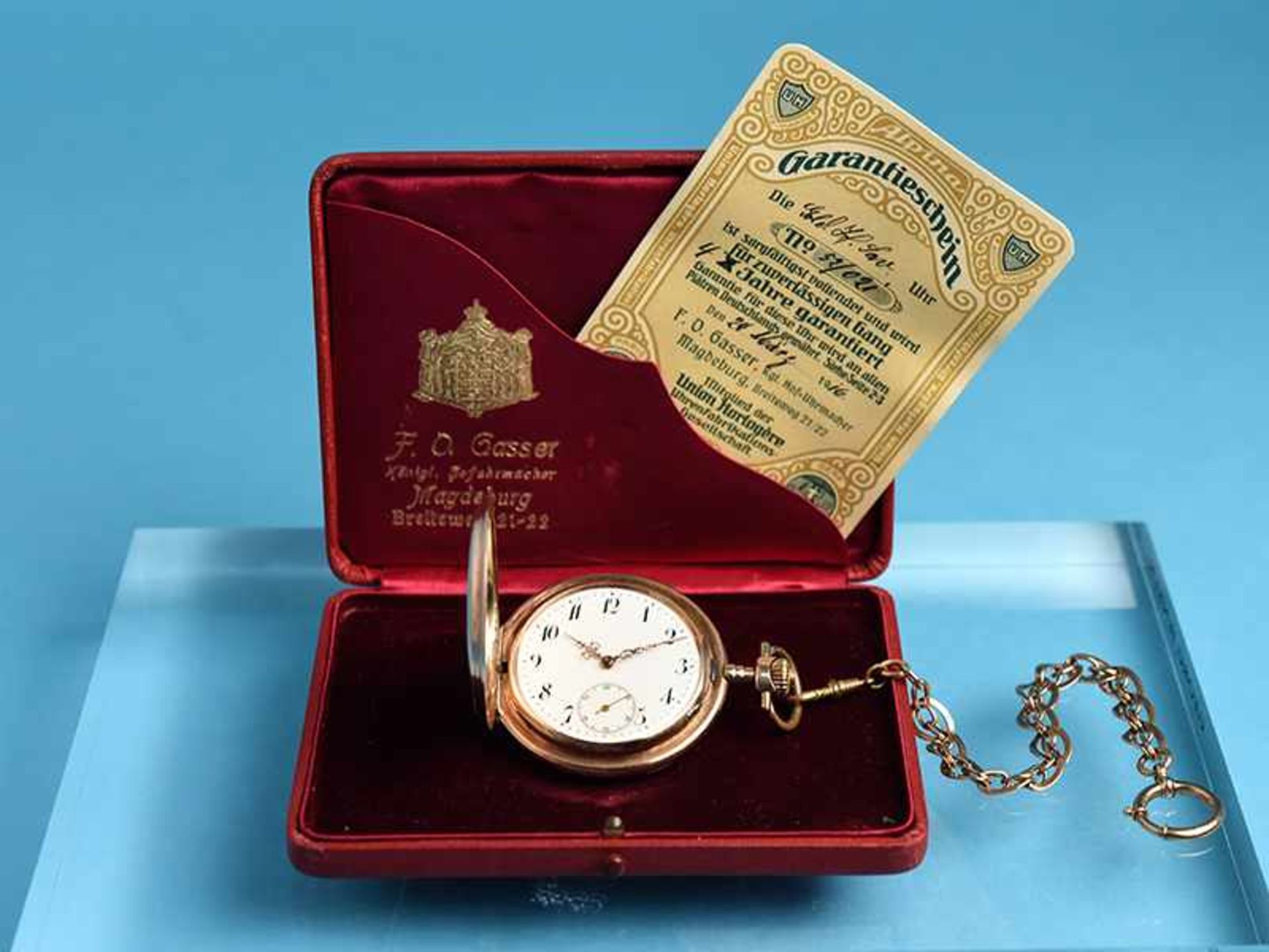 Taschenuhr, Uhrenfabrikation Union Horlogère, von 1916, mit Uhrenkette, um 1900 Savonette. 333/-