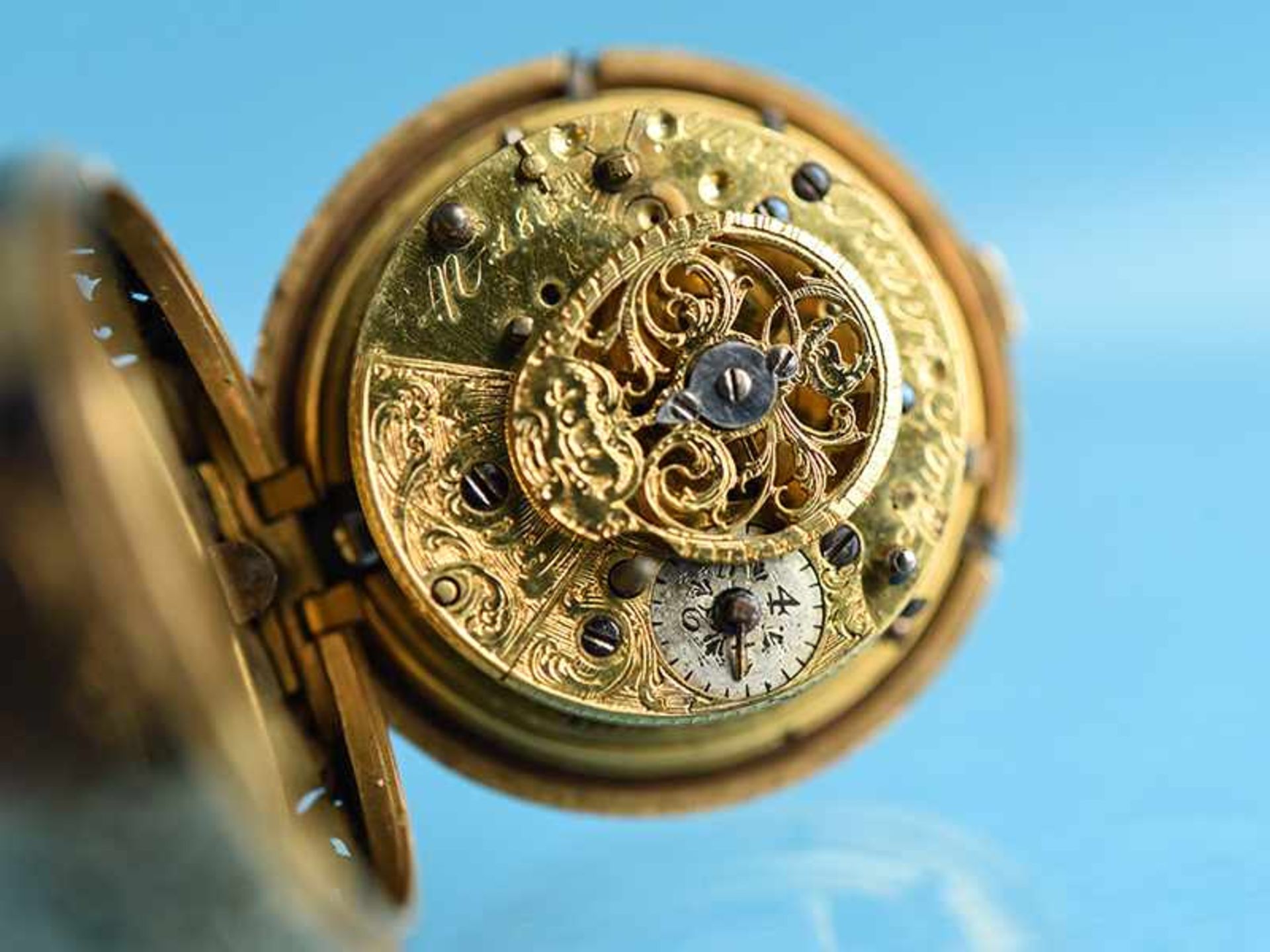 Spindeltaschenuhr mit Viertelstundenrepetition, Emaille und kleine Diamanten, um 1770, von Jean - Bild 13 aus 16