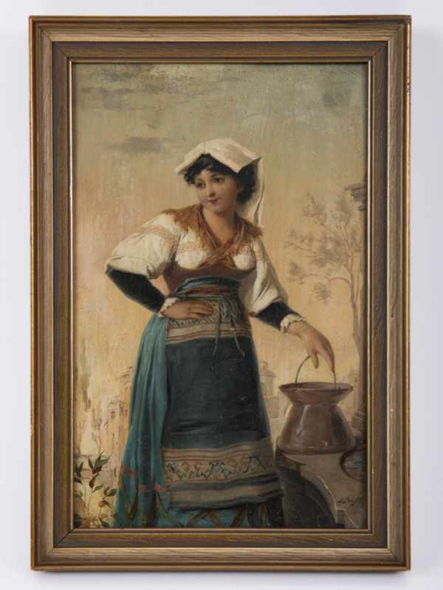 Büche, Josef (1848 - 1917). Öl auf Holz; junge Italienerin am Brunnen; kleines, nahezu