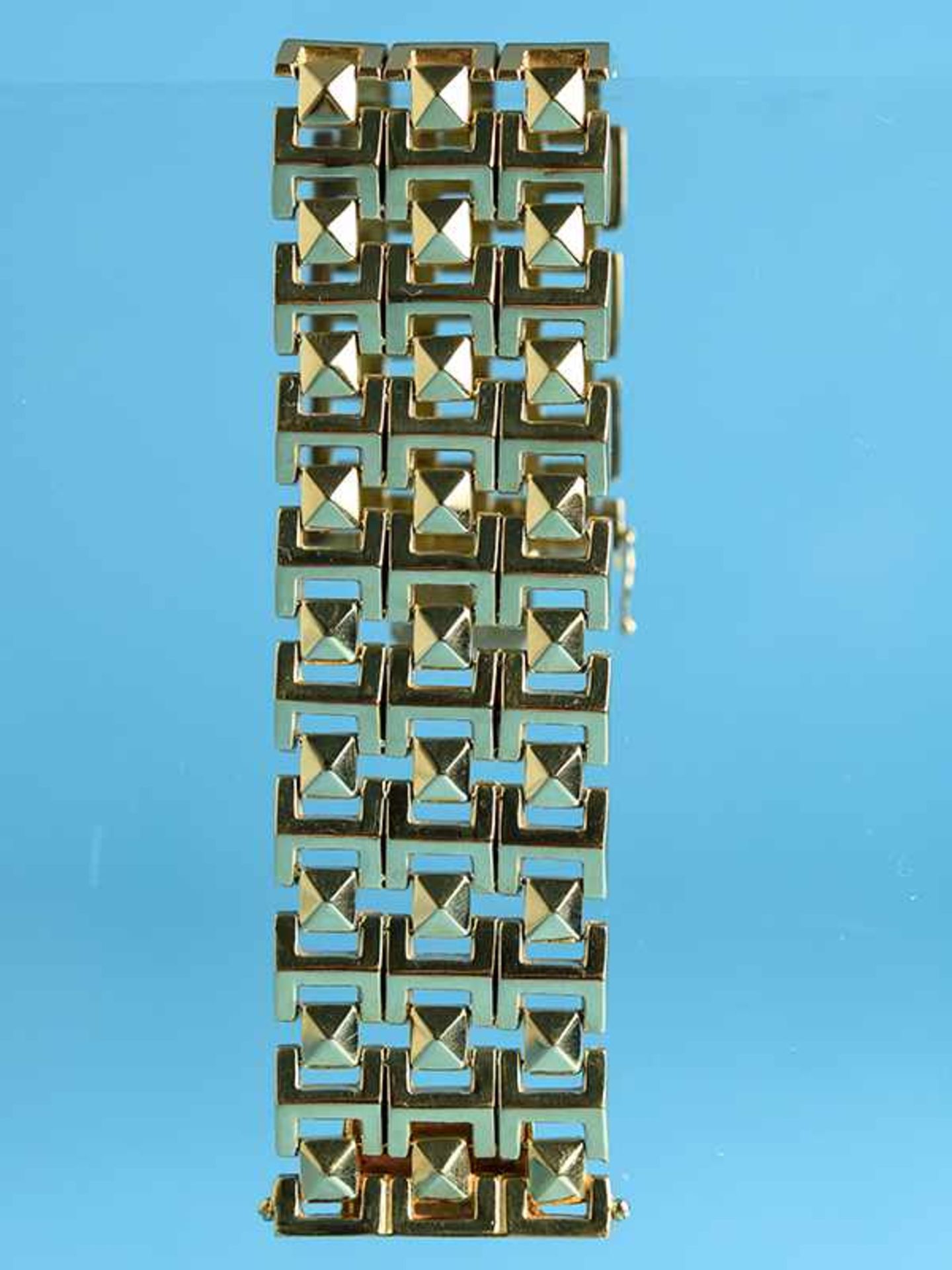 Breites Gliederarmband, 50- er Jahre 750/- Gelbgold. Gesamtgewicht ca. 59,3 g. Aus einzelnen