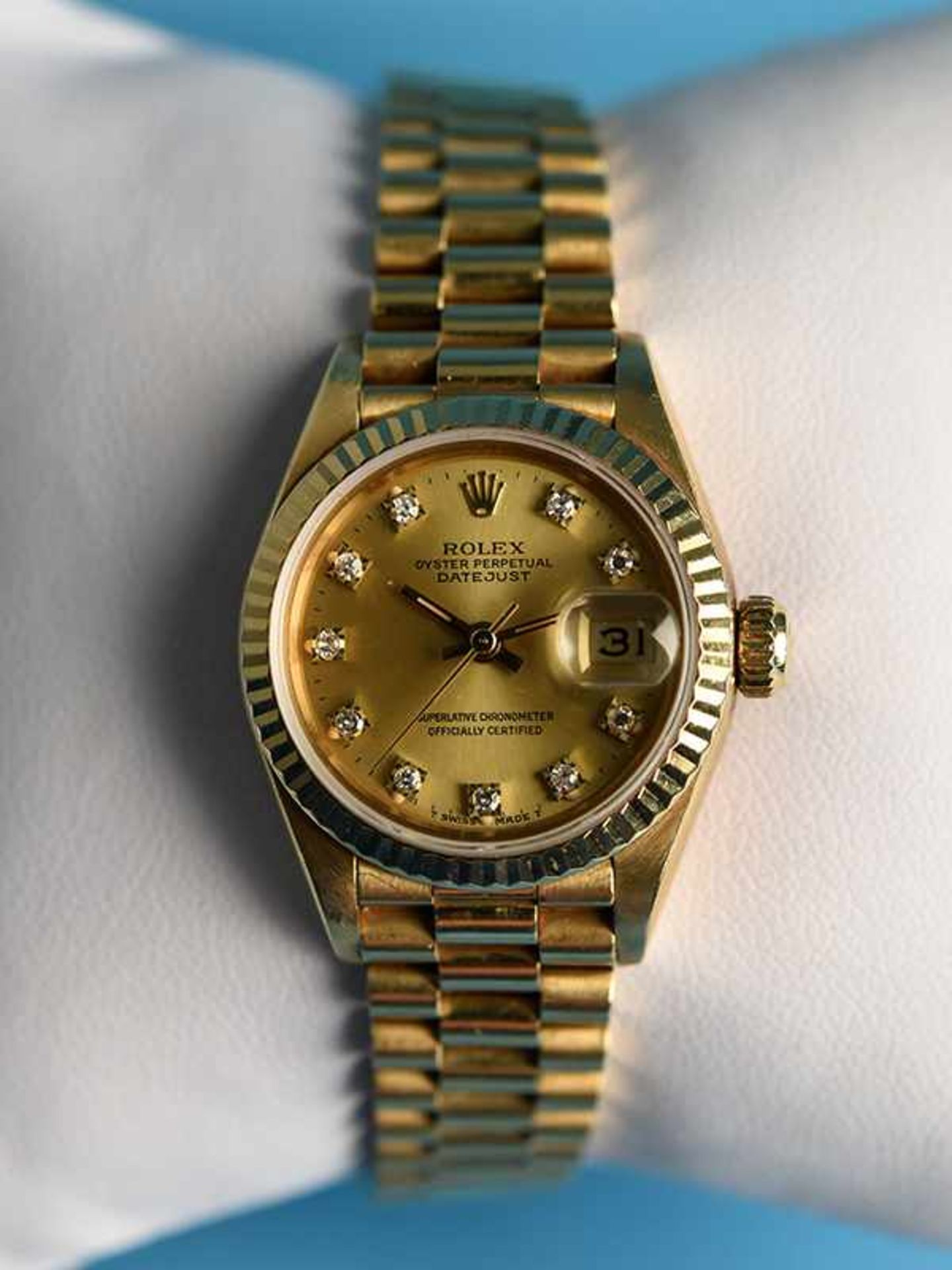 Damenarmbanduhr mit Diamant-Ziffern, Rolex, Oyster Perpetual, Lady Datejust, 80- er Jahr 750/-