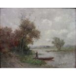 Person am Ufer, Niederrhein, Öl auf Karton, un. li. unleserlich sign. 23,5 x 30 cm, gerahmt. 27.00 %