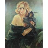 Jean Pinon, Frau mit Puppe, Öl auf Hartfaserplatte, un.re sign., verso bezeichnet, 96,5 x 76 cm,