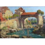 Emil Thoma (1869 Enge - 1948 Riedering, Schweizer Maler und Grafiker) Flusslandschaft mit Brücke, Öl