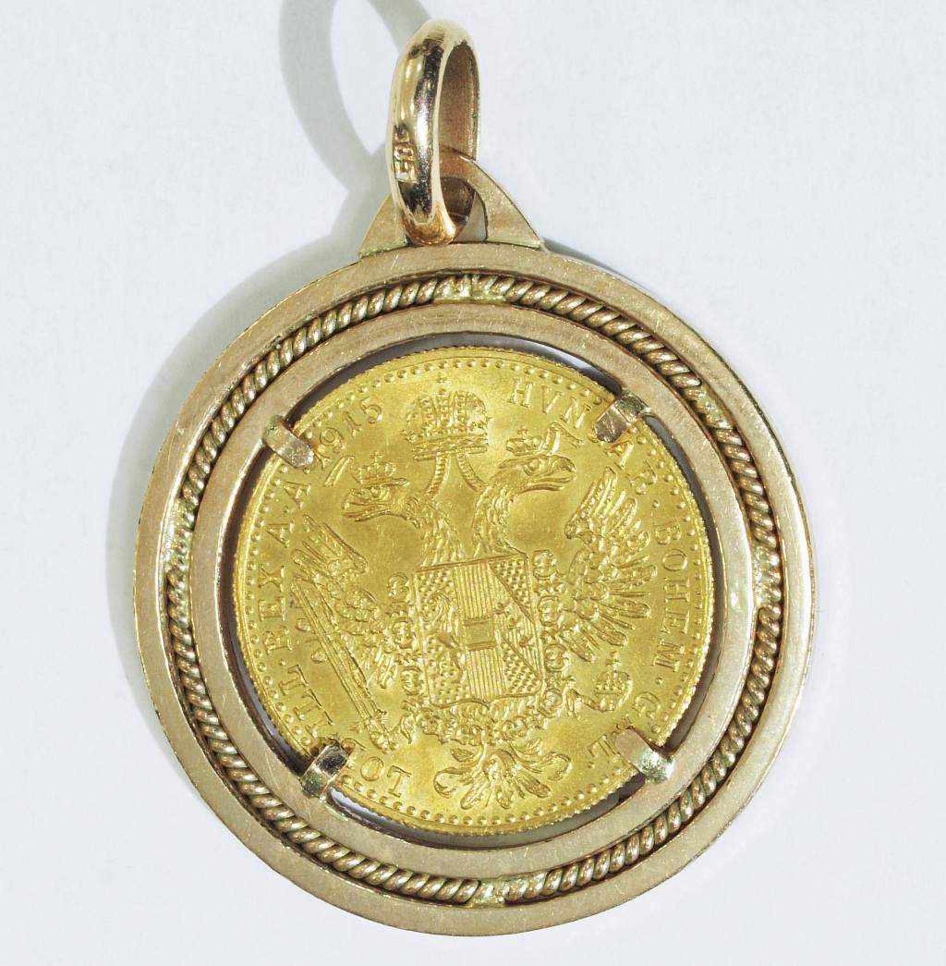 Gefaßte Goldmünze. Gefaßte Goldmünze. Fassung 585er Gelbgold, Münze Dukat (986er Gelbgold, - Bild 3 aus 4