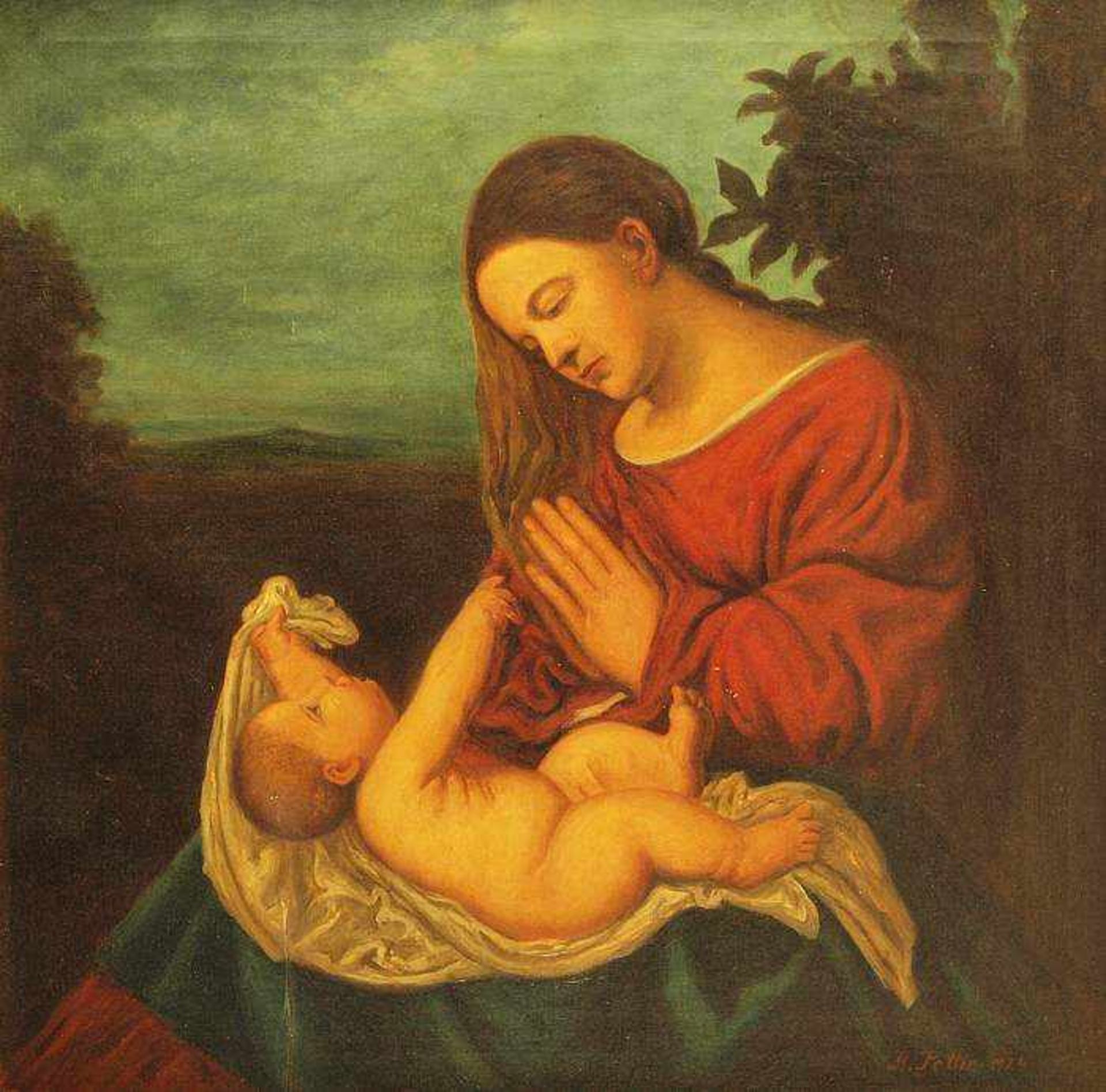 Maler 19. Jahrhundert. PELTIN, R Maler 19. Jahrhundert. Maria mit Kind. Öl auf Leinwand. partielle
