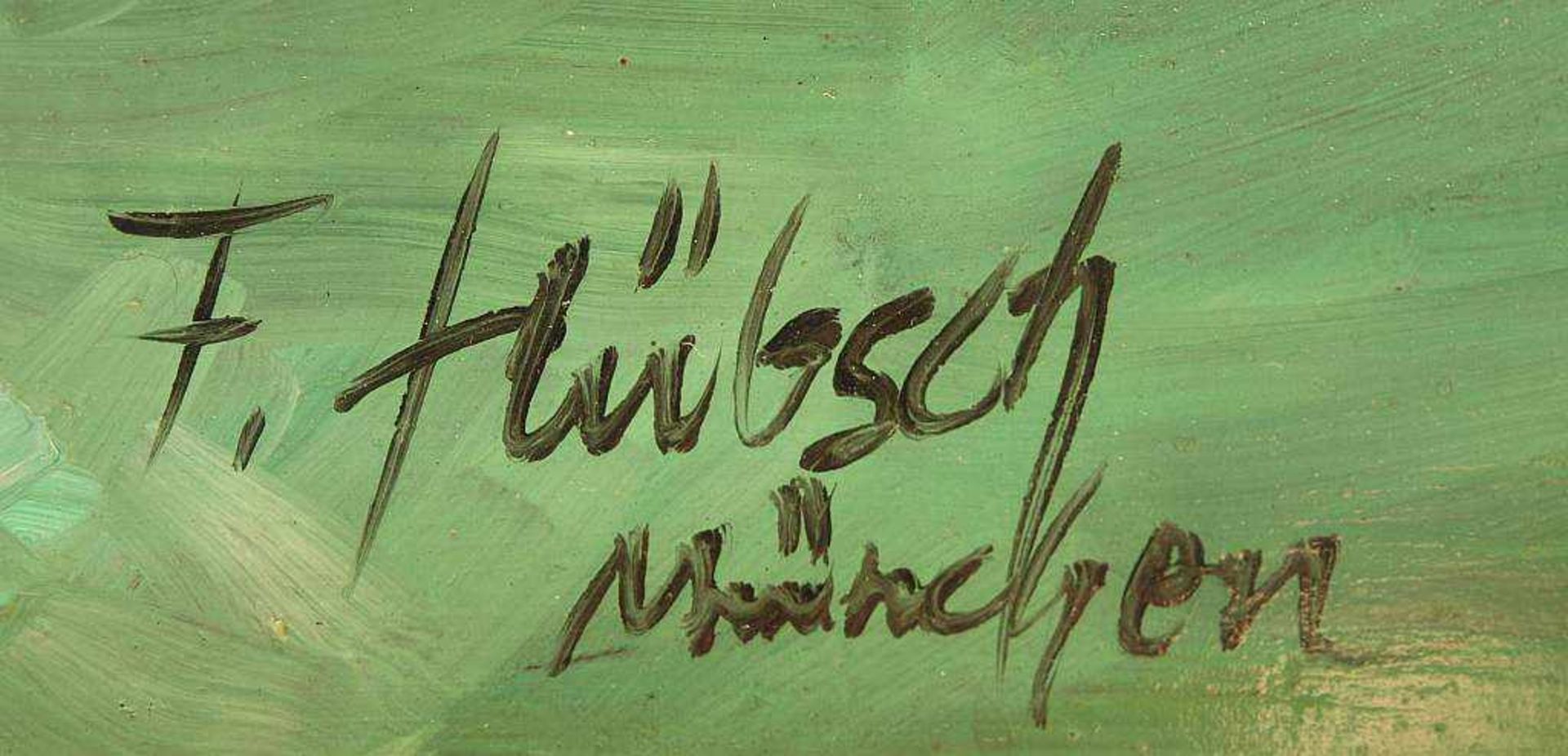HÜBSCH, F. HÜBSCH, F. 20. Jahrhundert. Sommerlicher Blumenstrauss in Glasvase. Öl auf Platte, rechts - Bild 4 aus 5