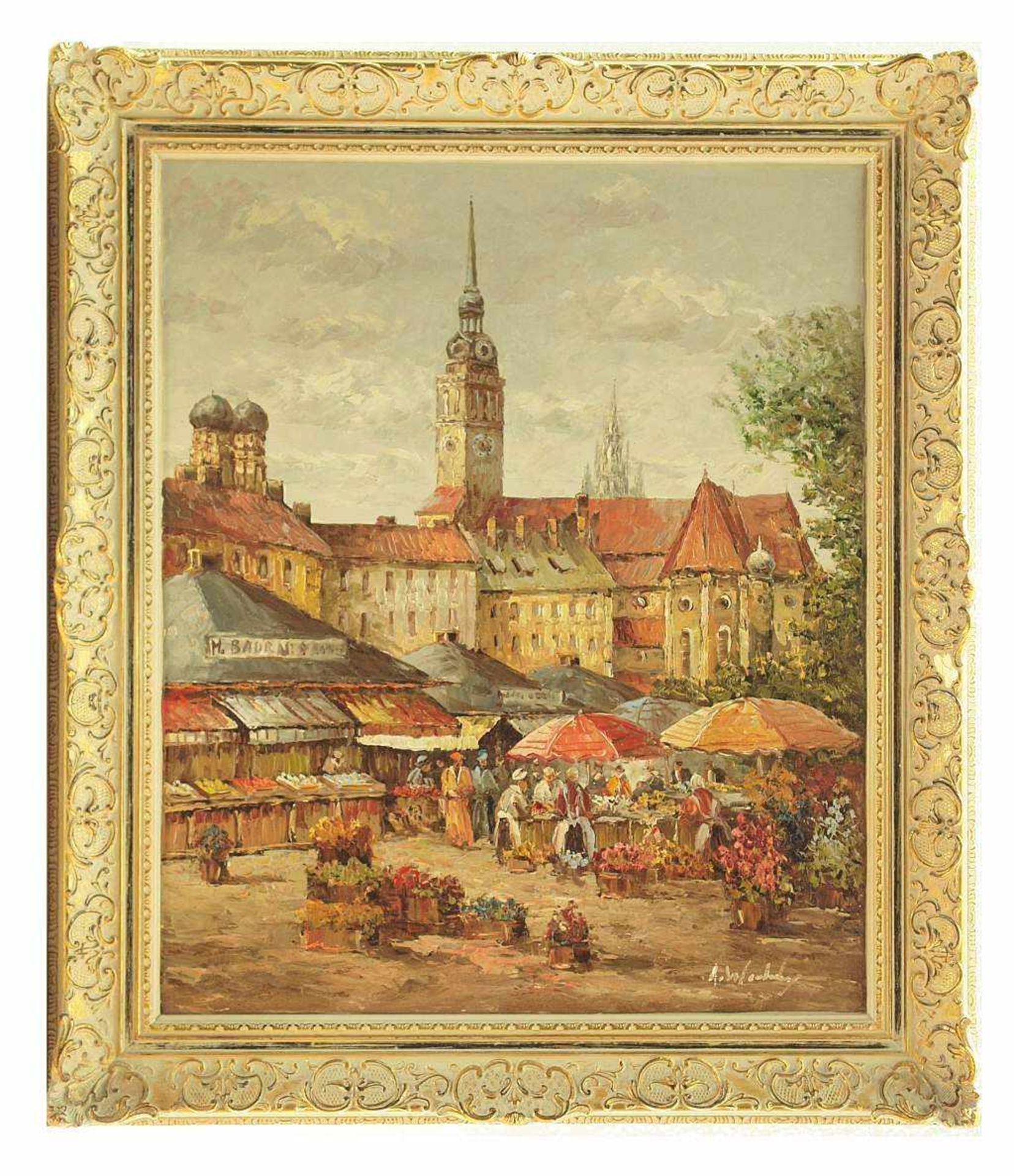 Blick über den Viktualienmarkt. Blick über den Viktualienmarkt. 20. Jahrhundert. Öl auf Leinwand. - Bild 3 aus 5