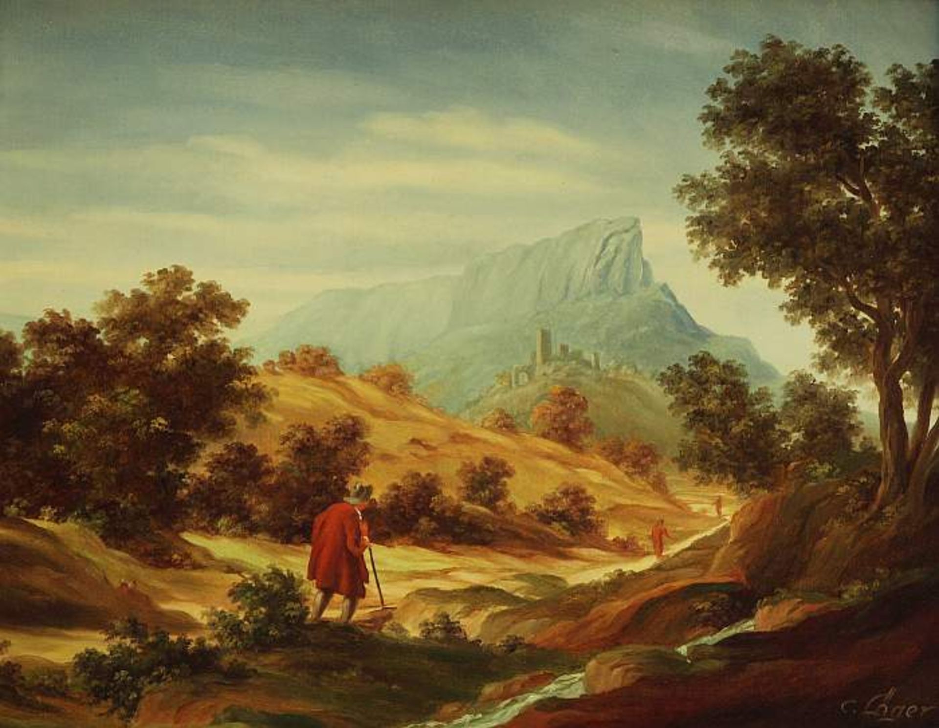 LÖGER, C LÖGER, Carl. 1896 Wien - 1978 Wien. Wanderer in Vorgebirgslandschaft. Öl auf Pressplatte.