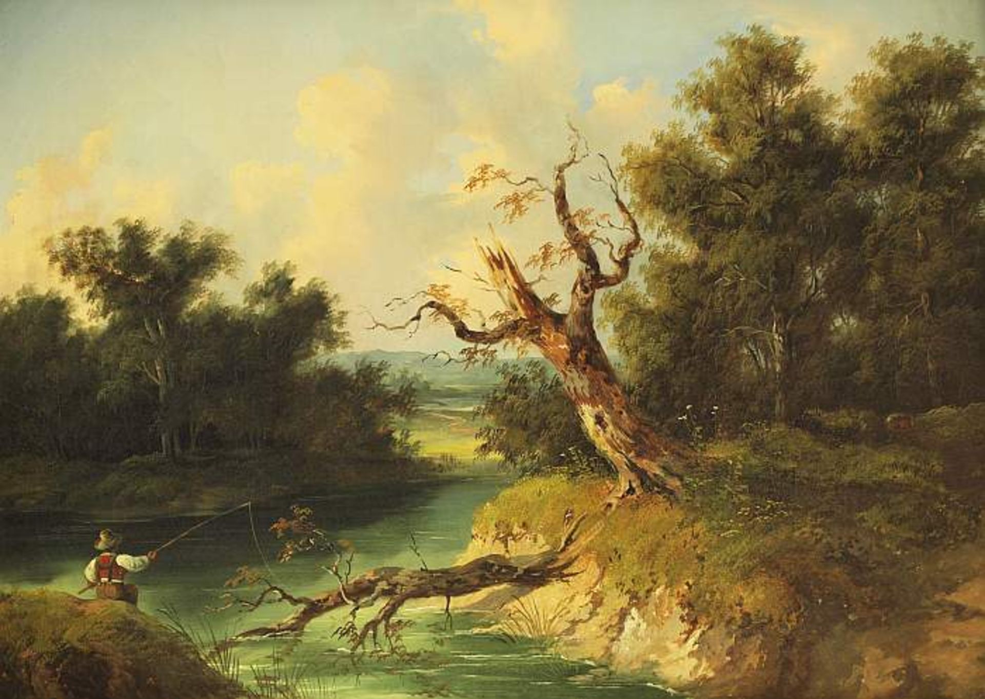 Waldszene mit Angler. Waldszene mit Angler. Deutsch/Österreich. 1. Hälfte 19. Jahrhundert. Öl auf
