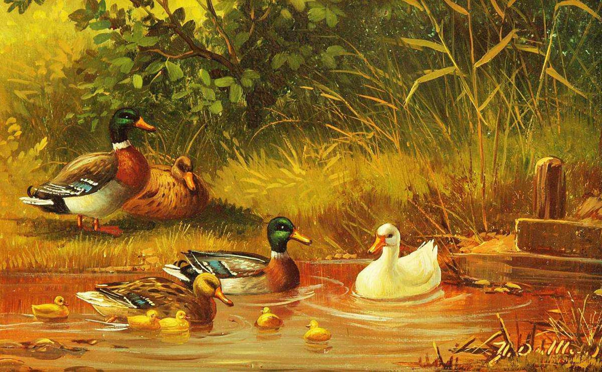 DUTTLER, Herbert. DUTTLER, Herbert. (1948). Enten am Teich. Öl auf Holz, rechts unten signiert. Höhe - Bild 2 aus 5