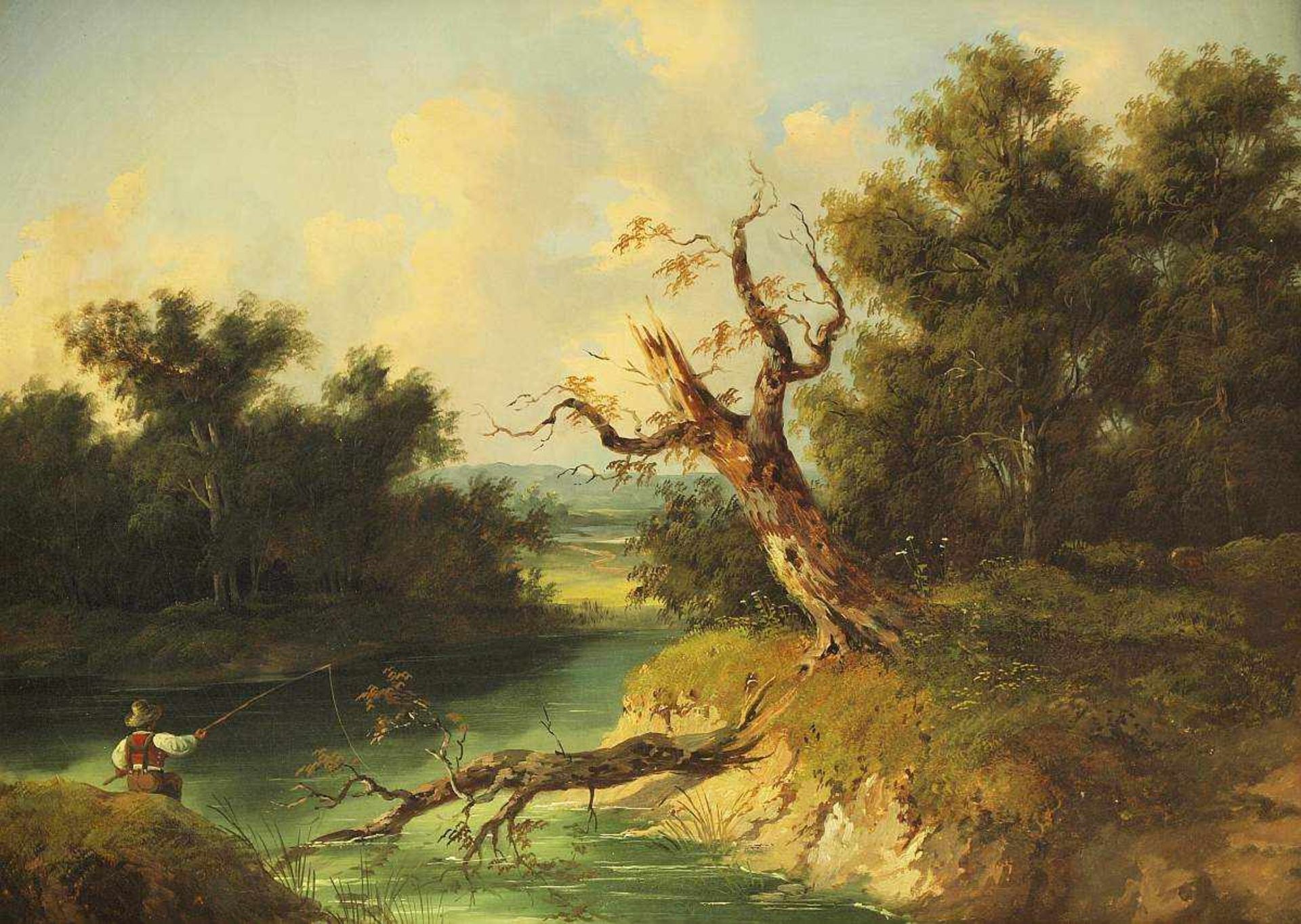 Waldszene mit Angler. Waldszene mit Angler. Deutsch/Österreich. 1. Hälfte 19. Jahrhundert. Öl auf - Image 2 of 4