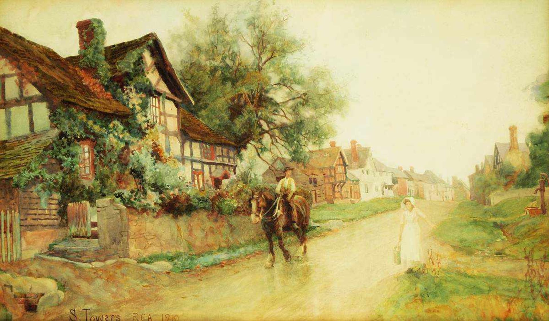 TOWERS, Samuel. TOWERS, Samuel. Britisch, 1862 - 1943. Reiter auf Dorfstraße. Aquarell auf Papier. - Bild 2 aus 5