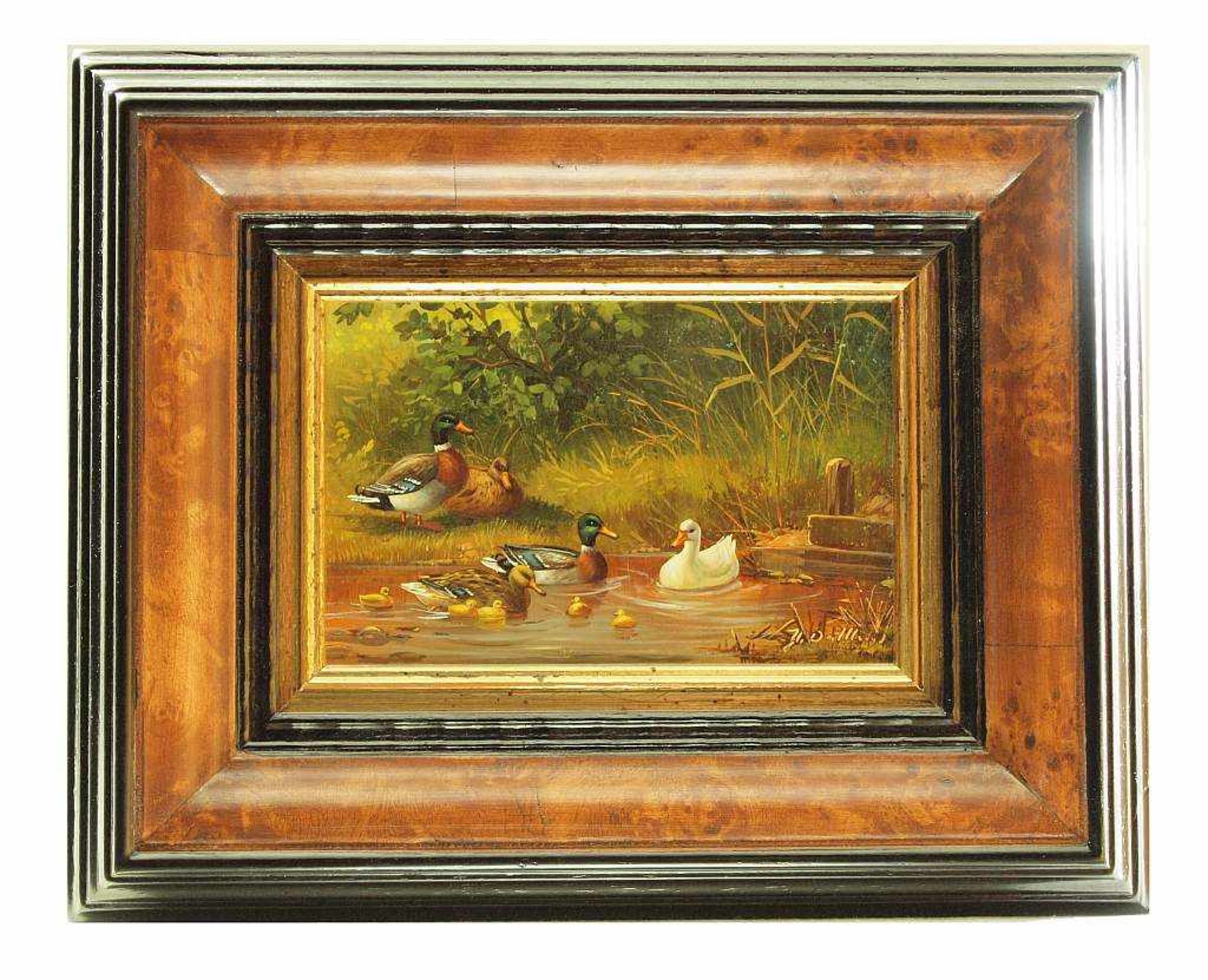 DUTTLER, Herbert. DUTTLER, Herbert. (1948). Enten am Teich. Öl auf Holz, rechts unten signiert. Höhe - Bild 3 aus 5