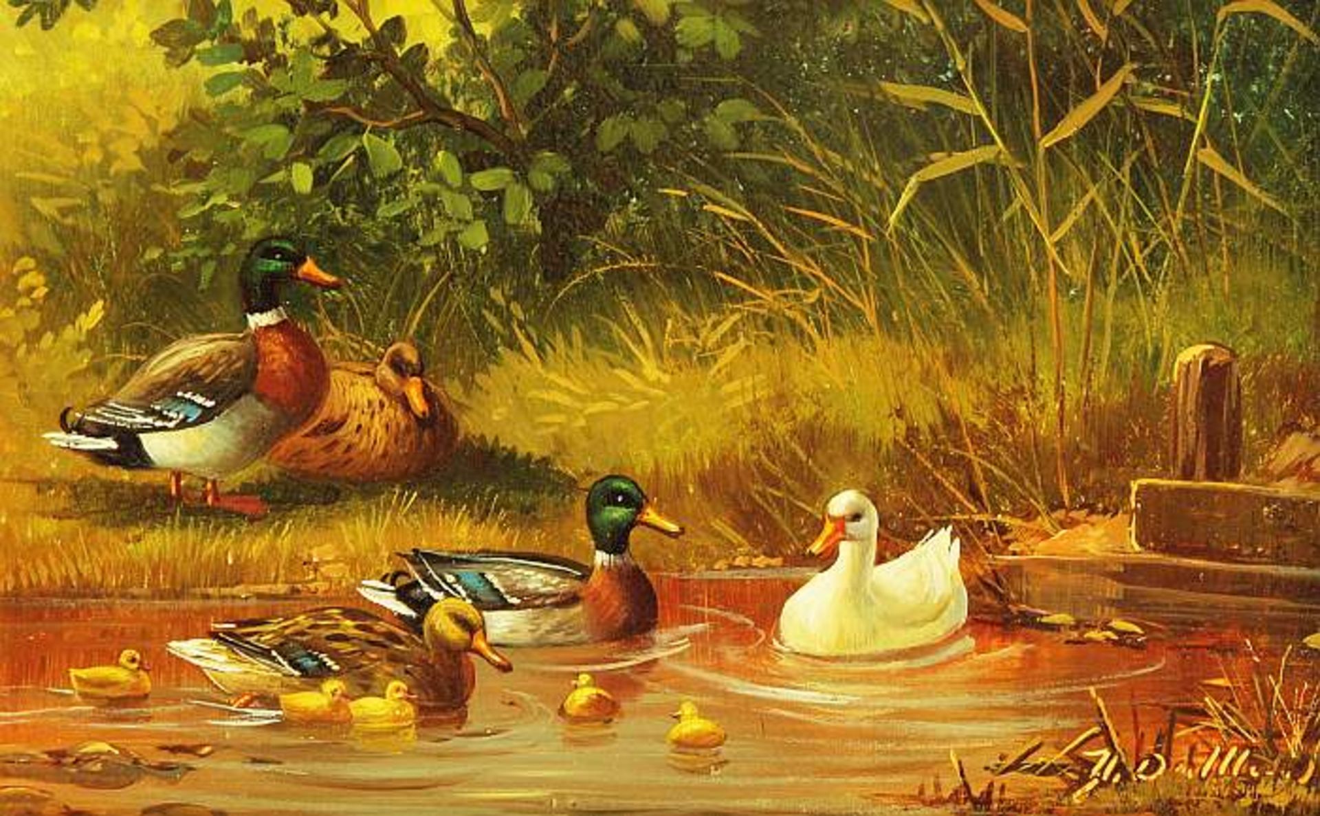DUTTLER, Herbert. DUTTLER, Herbert. (1948). Enten am Teich. Öl auf Holz, rechts unten signiert. Höhe