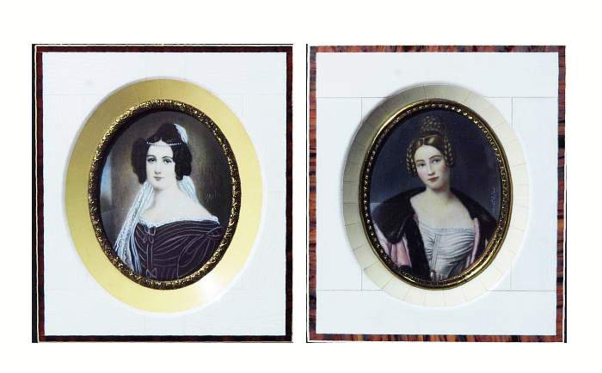 Zwei Elfenbeinminiaturen. Zwei Elfenbeinminiaturen. 1) Caroline Gräfin Holnstein, 1815 - 1859,