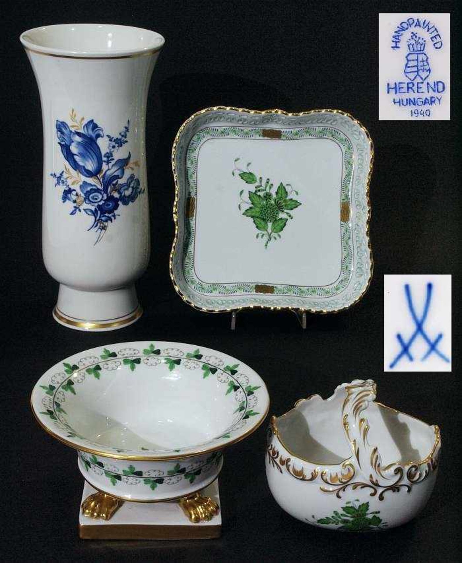 Vier Teile Konvolut. Vier Teile Konvolut. 1) Vase MEISSEN Marke 1980, (waagerechter Strich links