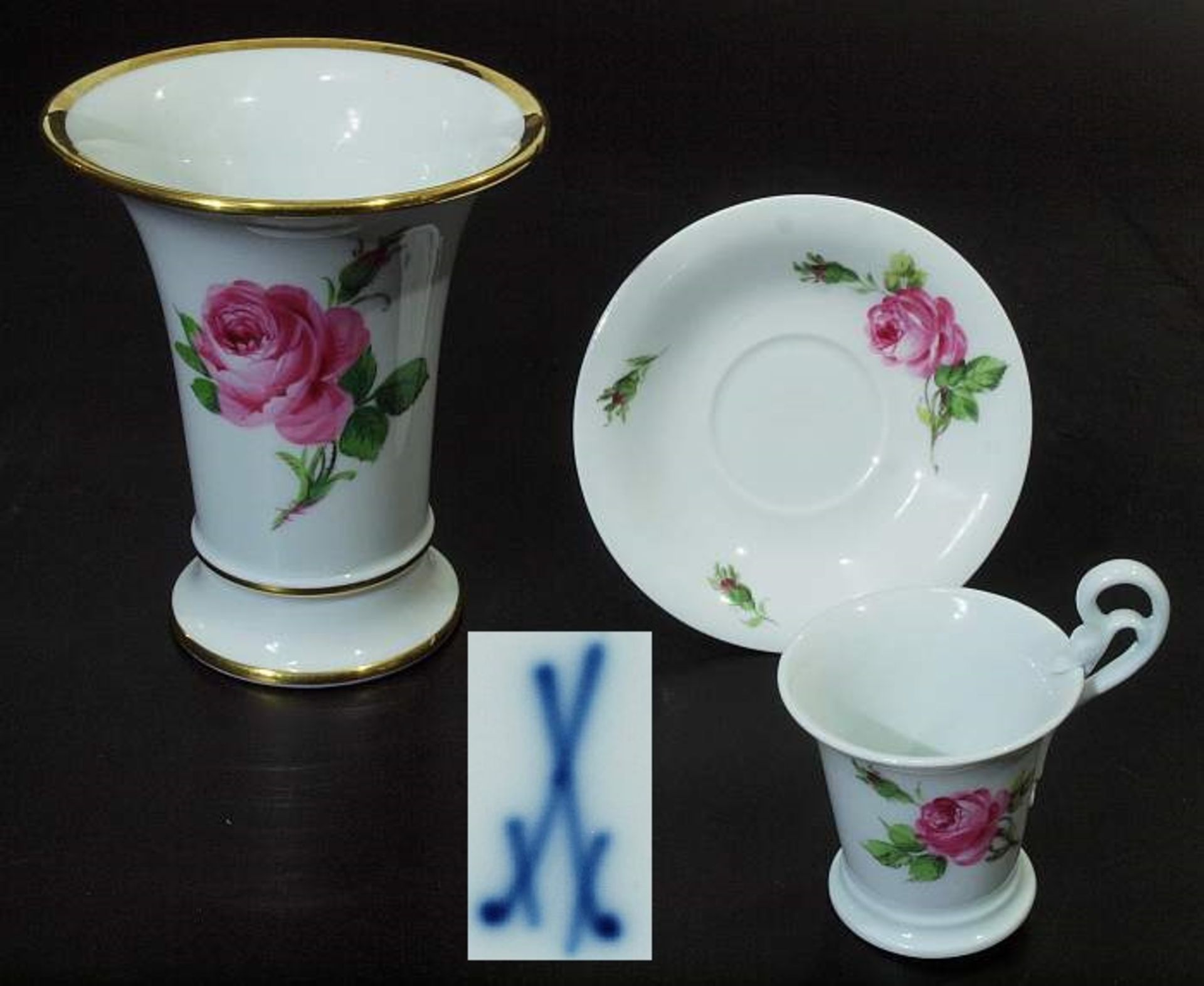 MEISSEN Moccatasse, Untertasse. Vase. MEISSEN Moccatasse, Untertasse. Vase. 1) Moccatasse mit