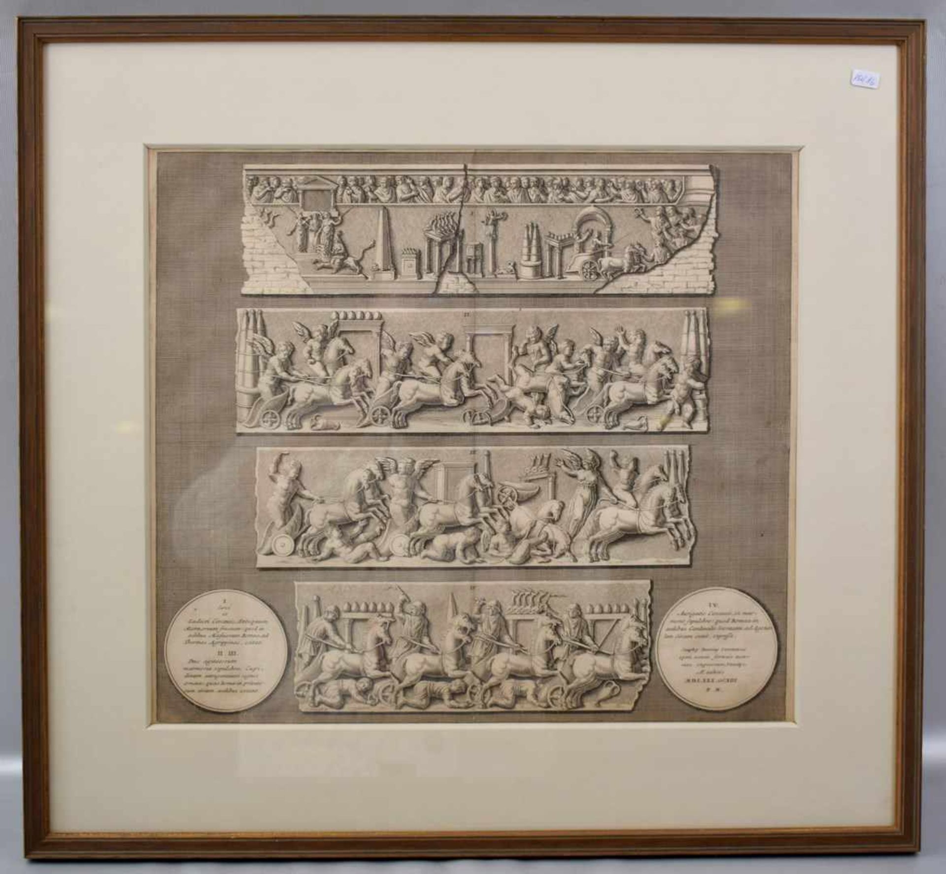 Kupferstich Darstellung von vier griechischen Wandreliefs, im Rahmen, 54 X 59 cm, 18. Jh.