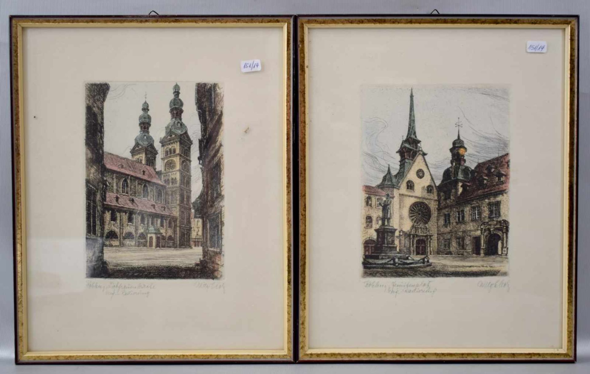 Zwei Radierungen Die Liebfrauenkirche bzw. der Jesuitenplatz in Koblenz, coloriert, im Rahmen, 25