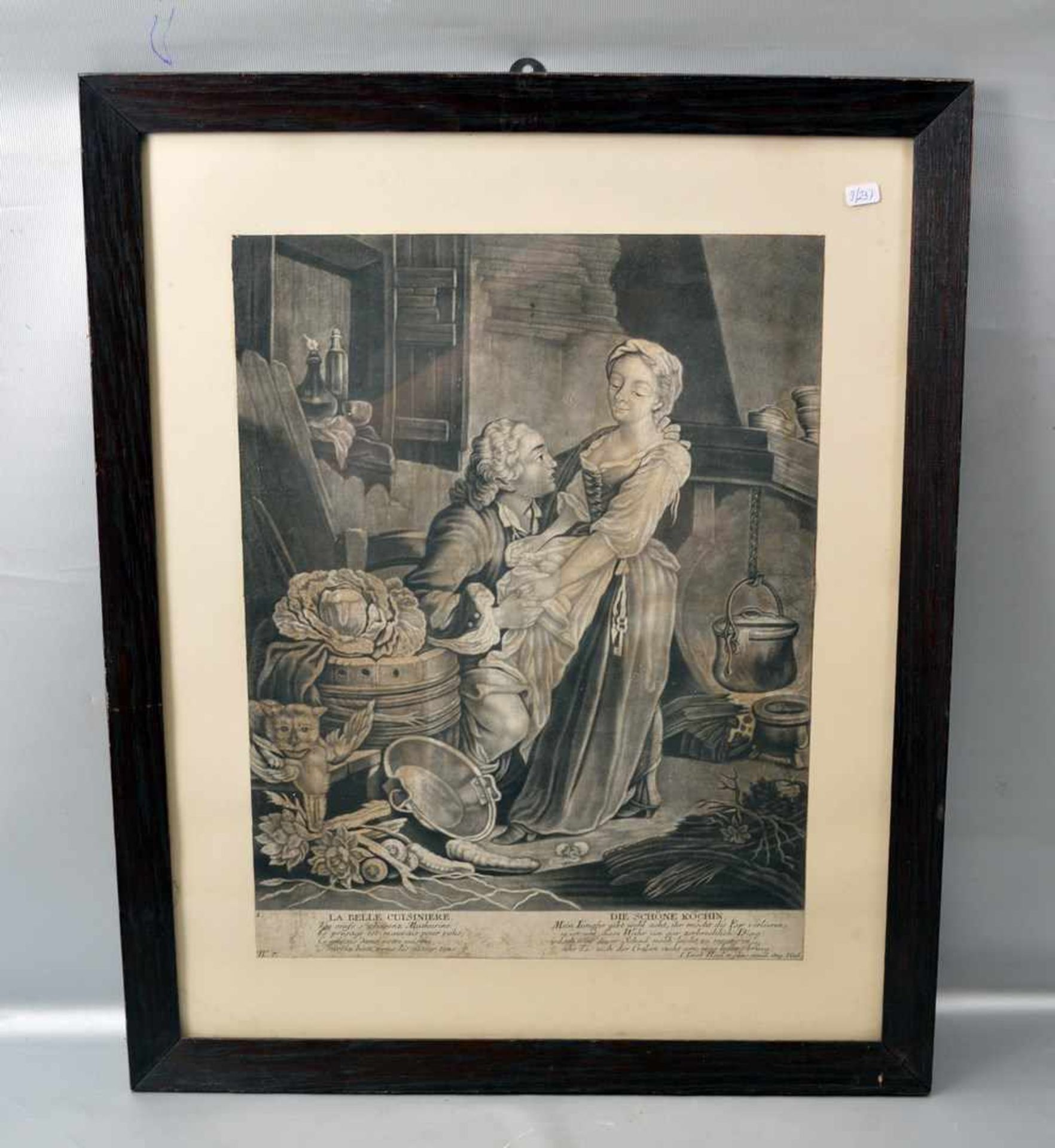 Kupferstich Die Verführung der schönen Köchin, im Eicherahmen, 47 X 57 cm, um 1800