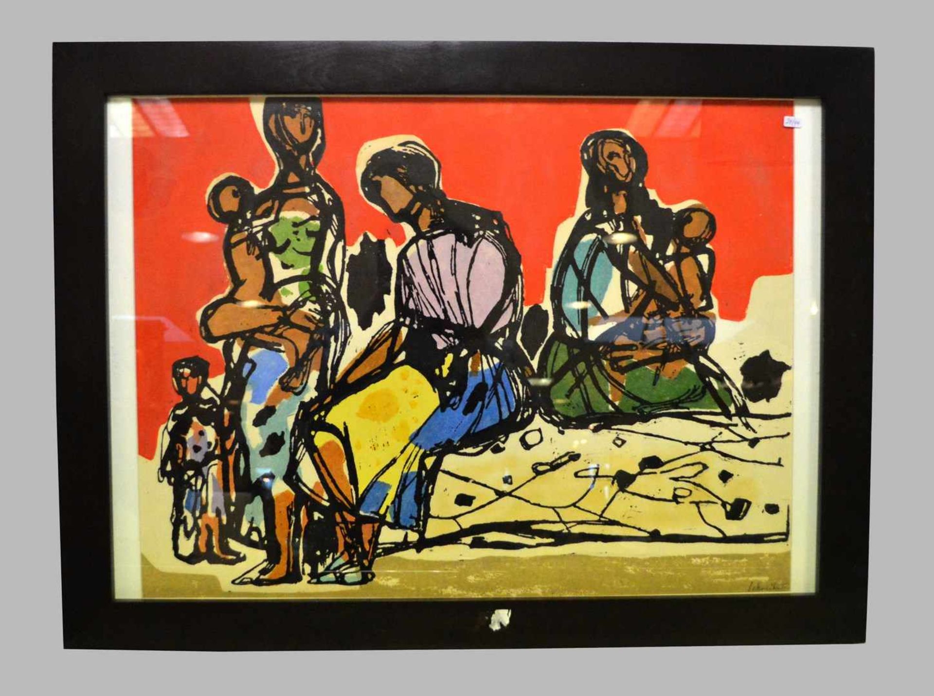 Linolschnitt Drei Frauen mit Kindern, u.r.sign. Schreiber, im Rahmen, 58 X 78 cm