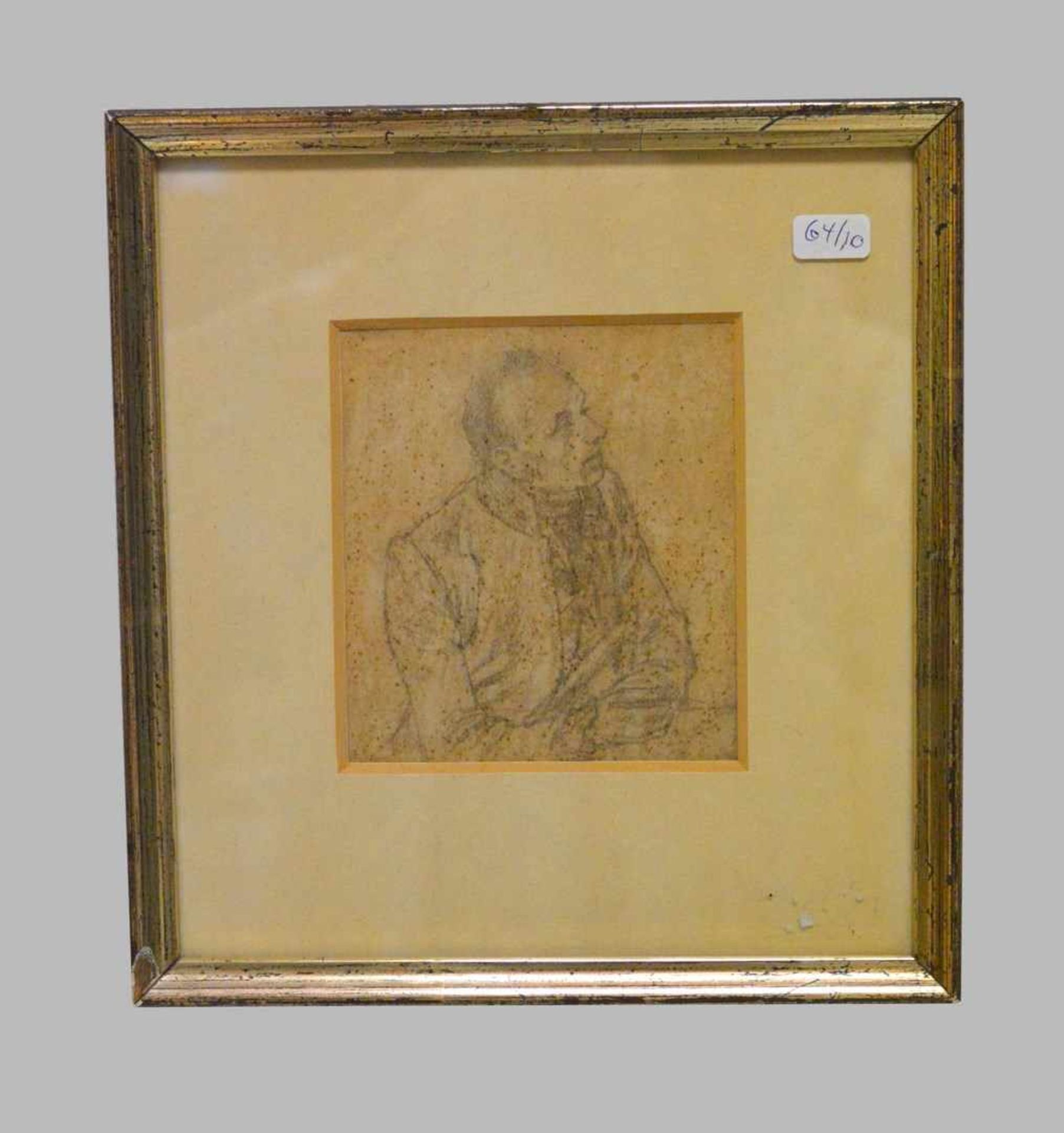 Bleistiftzeichnung Portrait eins Herrn, rückseitig mit altem Klebeschild Prof. C. von Gebhardt (geb.