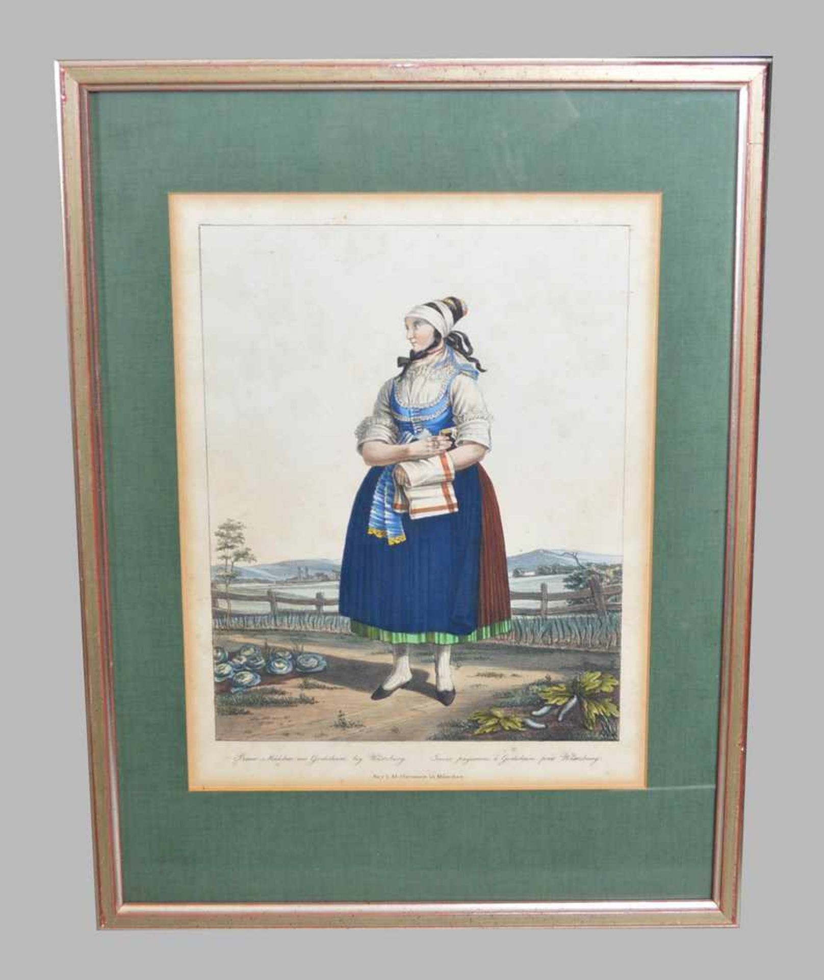 Stahlstich Portrait eines Mädchens in Würzburger Tracht mit Schürze, coloriert, im Rahmen, 32 X 42